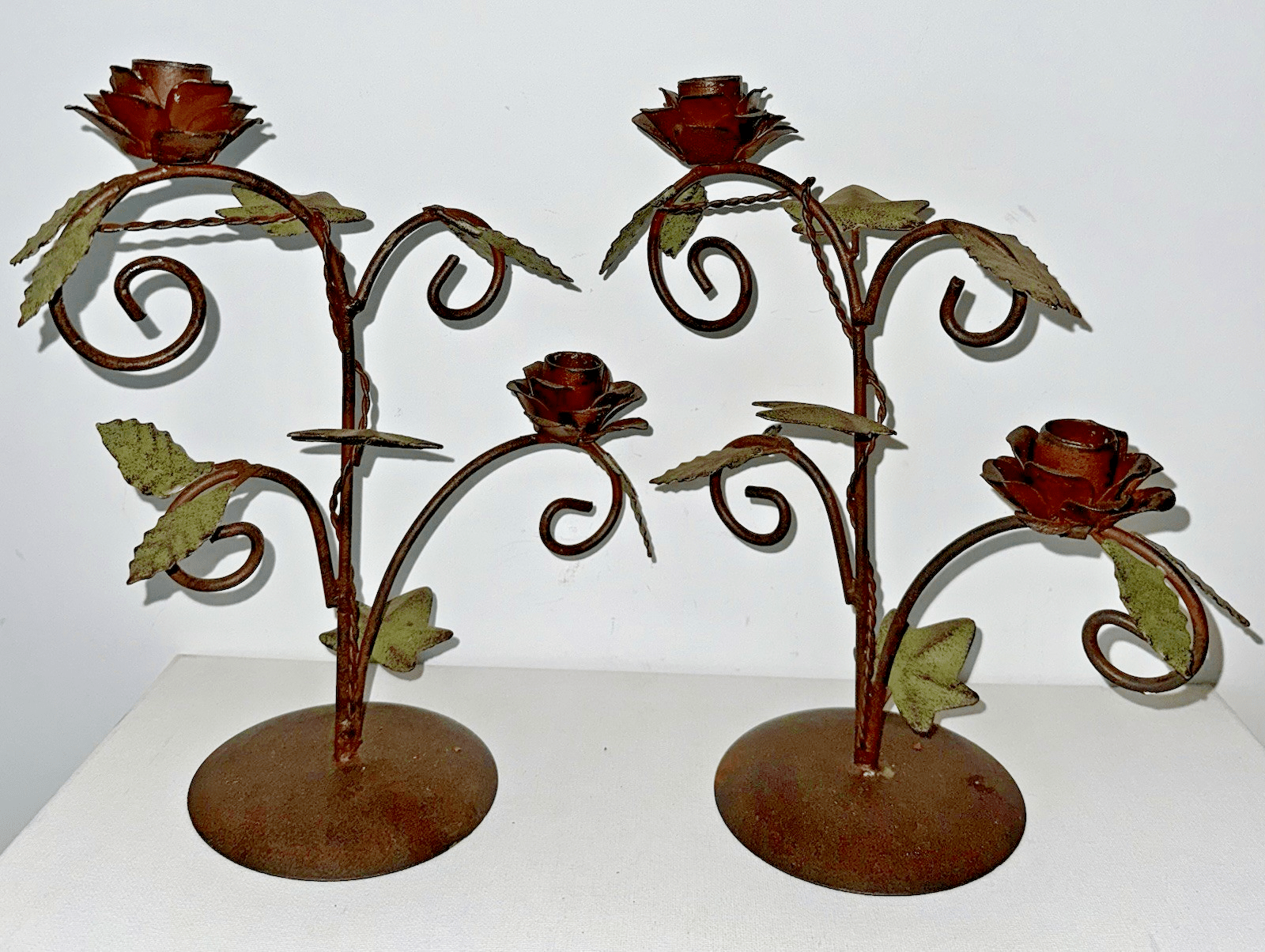 Pair of Wrought Iron Candelabras Each with 2 Rose Petaled Holders, Green Leaves - AntiquesEtceteraPair of Wrought Iron Candelabras Each with 2 Rose Petaled Holders, Green LeavesUnbrandedAntiquesEtcetera