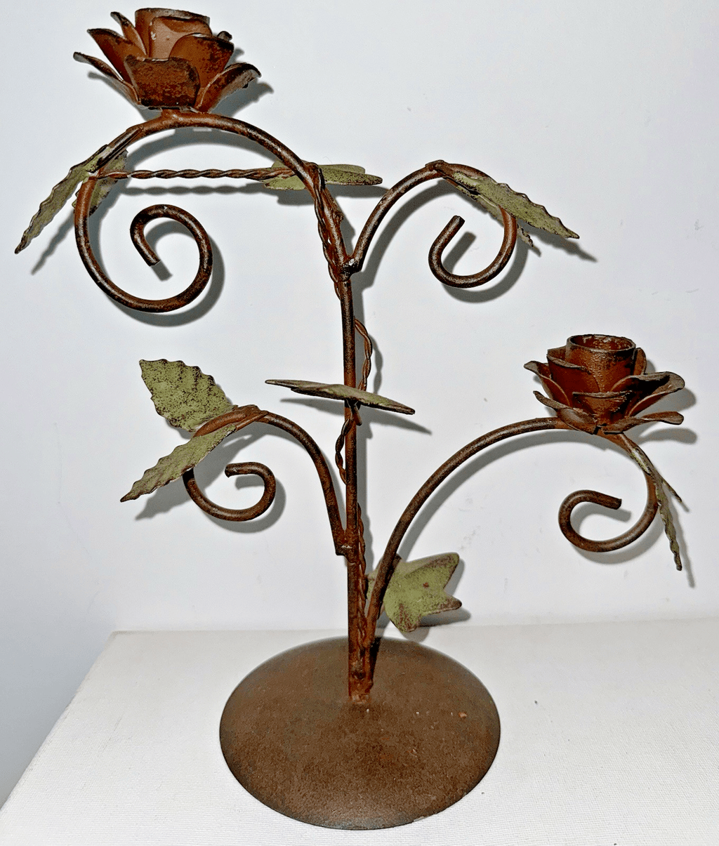 Pair of Wrought Iron Candelabras Each with 2 Rose Petaled Holders, Green Leaves - AntiquesEtceteraPair of Wrought Iron Candelabras Each with 2 Rose Petaled Holders, Green LeavesUnbrandedAntiquesEtcetera