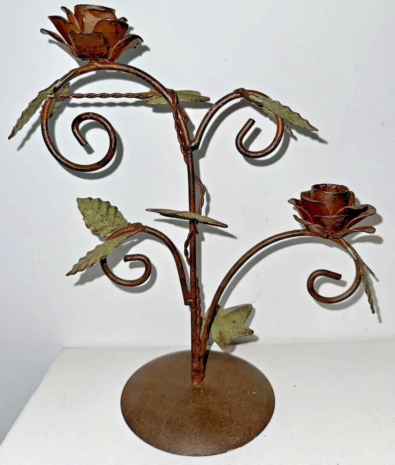 Pair of Wrought Iron Candelabras Each with 2 Rose Petaled Holders, Green Leaves - AntiquesEtceteraPair of Wrought Iron Candelabras Each with 2 Rose Petaled Holders, Green LeavesUnbrandedAntiquesEtcetera