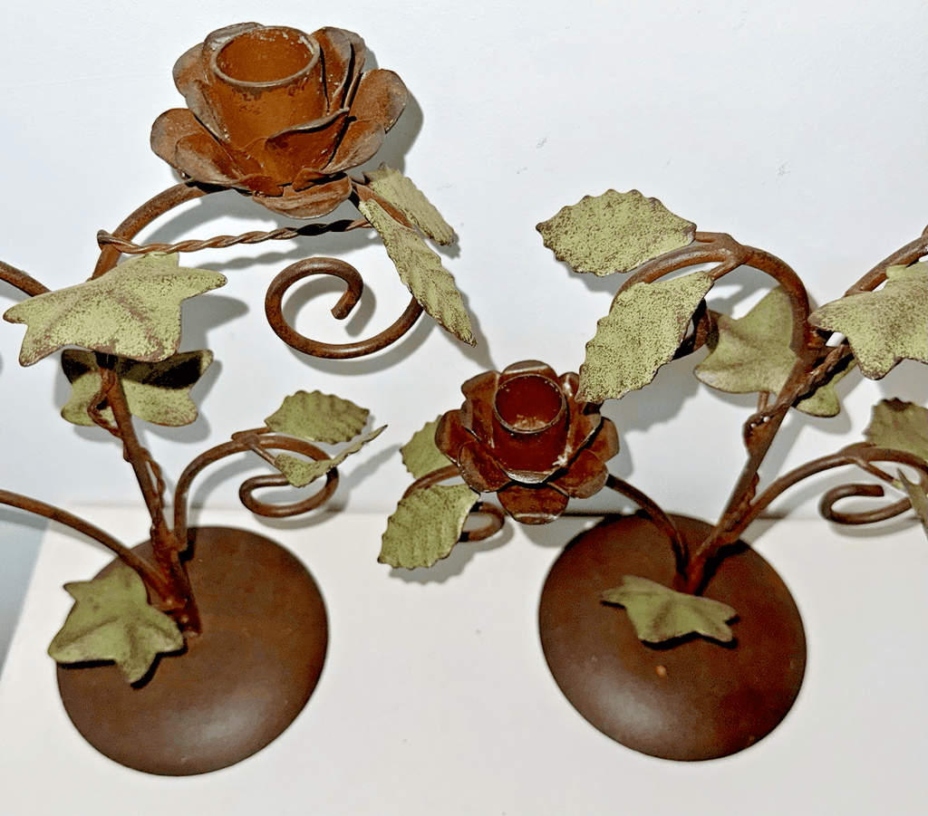 Pair of Wrought Iron Candelabras Each with 2 Rose Petaled Holders, Green Leaves - AntiquesEtceteraPair of Wrought Iron Candelabras Each with 2 Rose Petaled Holders, Green LeavesUnbrandedAntiquesEtcetera