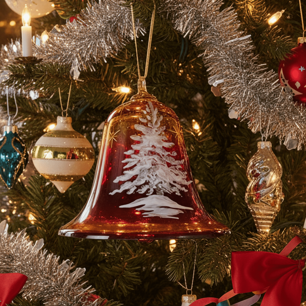 Pairpoint Bryden Amberina Glass Christmas Tree Bell Painted Enamel Starlit NightAntiquesEtcetera
