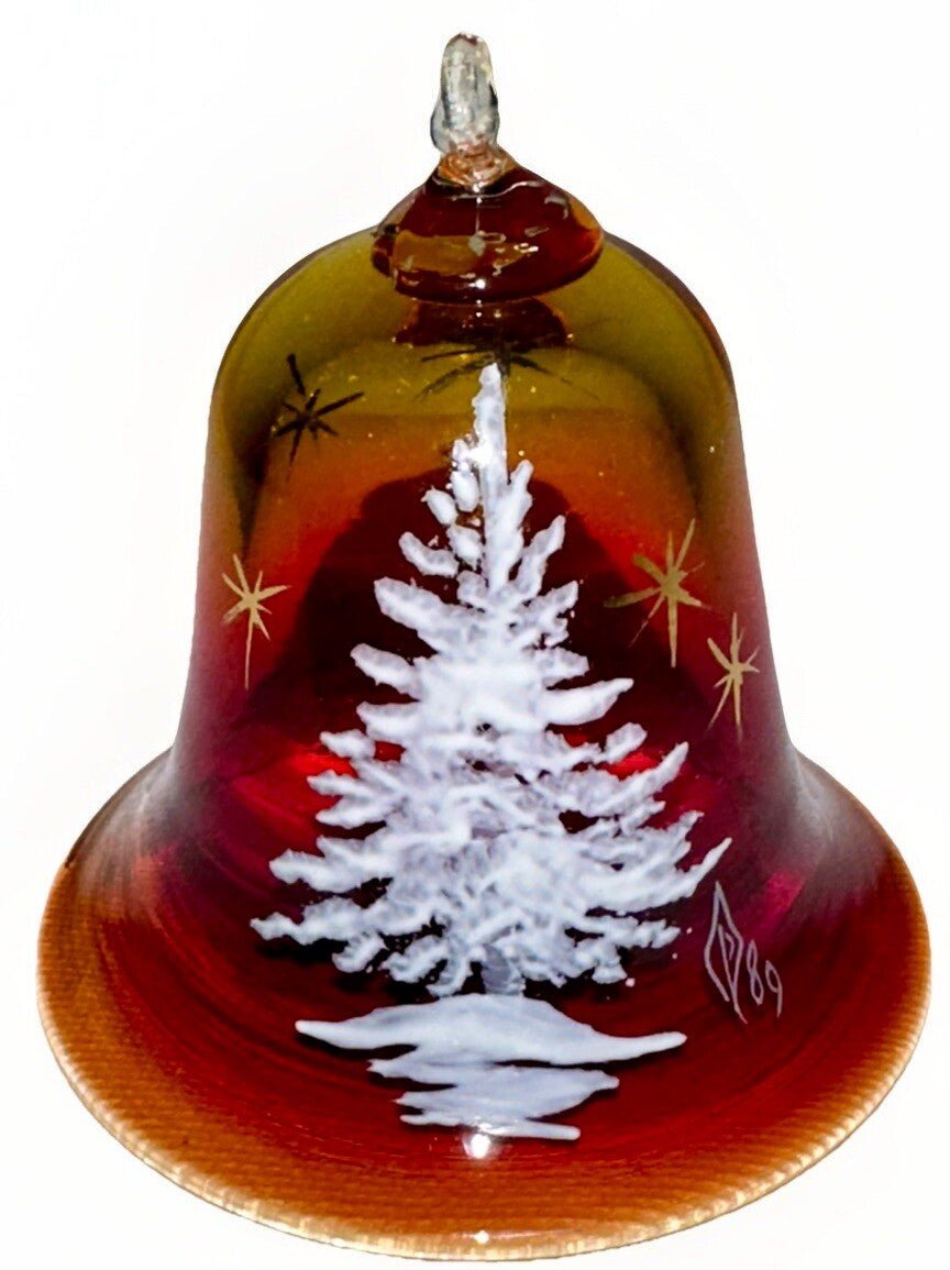 Pairpoint Bryden Amberina Glass Christmas Tree Bell Painted Enamel Starlit Night - AntiquesEtceteraPairpoint Bryden Amberina Glass Christmas Tree Bell Painted Enamel Starlit NightPairpointAntiquesEtcetera