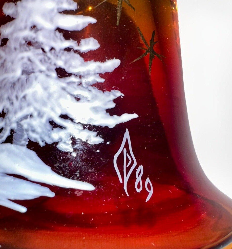 Pairpoint Bryden Amberina Glass Christmas Tree Bell Painted Enamel Starlit Night - AntiquesEtceteraPairpoint Bryden Amberina Glass Christmas Tree Bell Painted Enamel Starlit NightPairpointAntiquesEtcetera