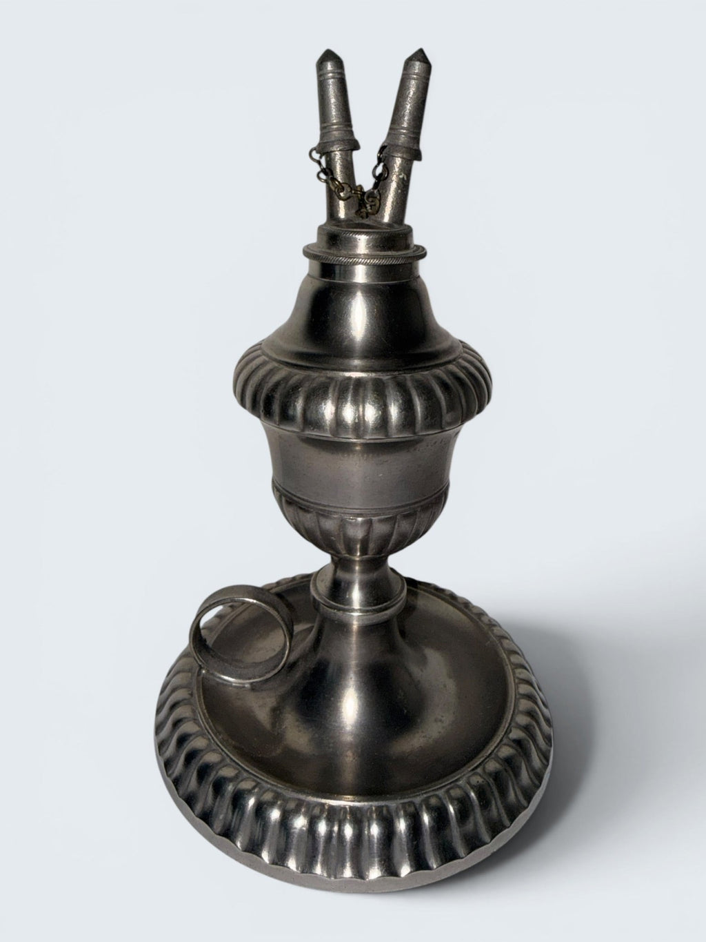 Pewter Cup and Saucer Fluid / Whale Oil Lamp w/ Double Tube Burner, Caps AntiqueAntiquesEtcetera