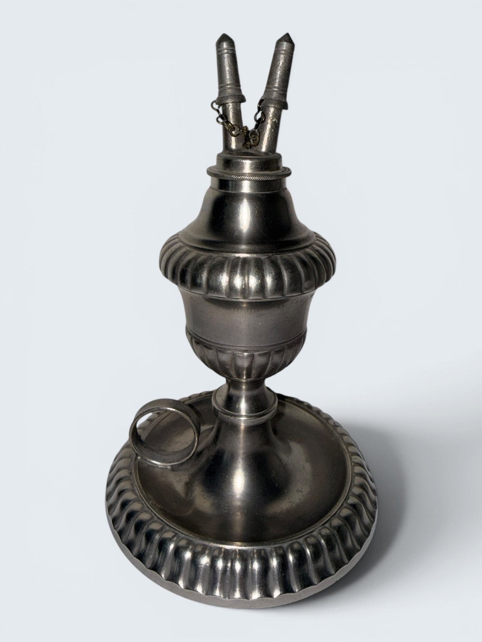 Pewter Cup and Saucer Fluid / Whale Oil Lamp w/ Double Tube Burner, Caps AntiqueAntiquesEtcetera