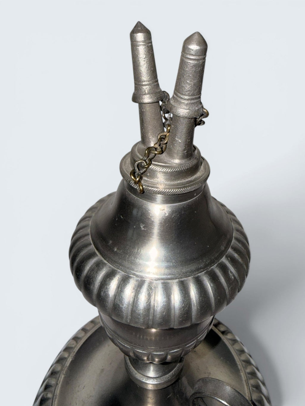 Pewter Cup and Saucer Fluid / Whale Oil Lamp w/ Double Tube Burner, Caps AntiqueAntiquesEtcetera