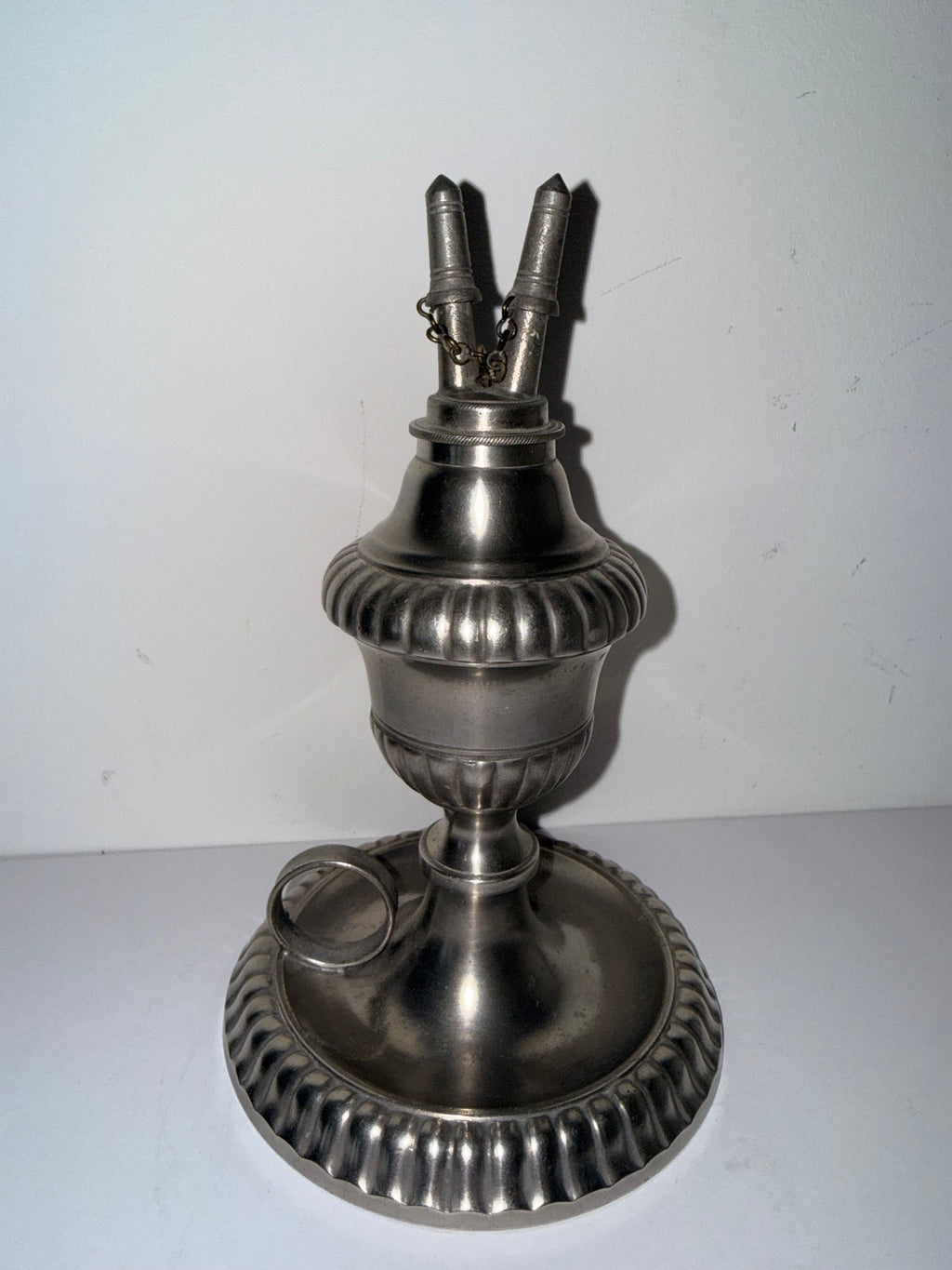 Pewter Cup and Saucer Fluid / Whale Oil Lamp w/ Double Tube Burner, Caps AntiqueAntiquesEtcetera