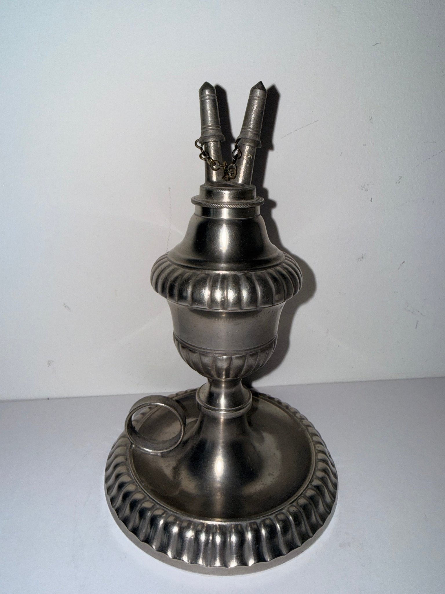 Pewter Cup and Saucer Fluid / Whale Oil Lamp w/ Double Tube Burner, Caps AntiqueAntiquesEtcetera