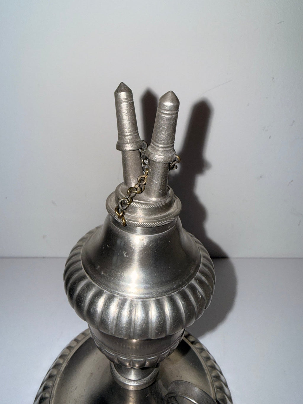 Pewter Cup and Saucer Fluid / Whale Oil Lamp w/ Double Tube Burner, Caps AntiqueAntiquesEtcetera