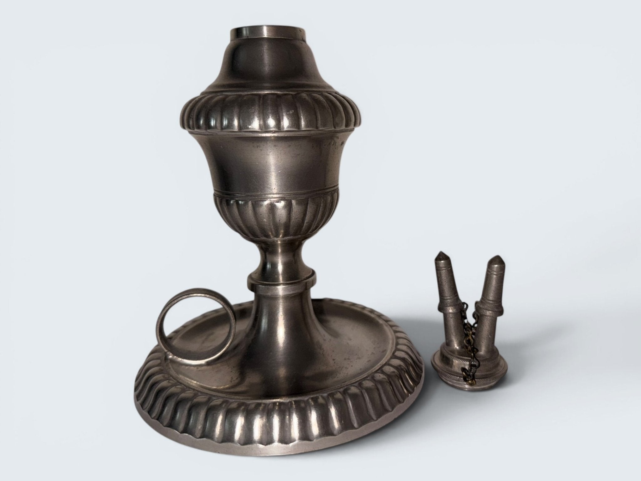 Pewter Cup and Saucer Fluid / Whale Oil Lamp w/ Double Tube Burner, Caps AntiqueAntiquesEtcetera