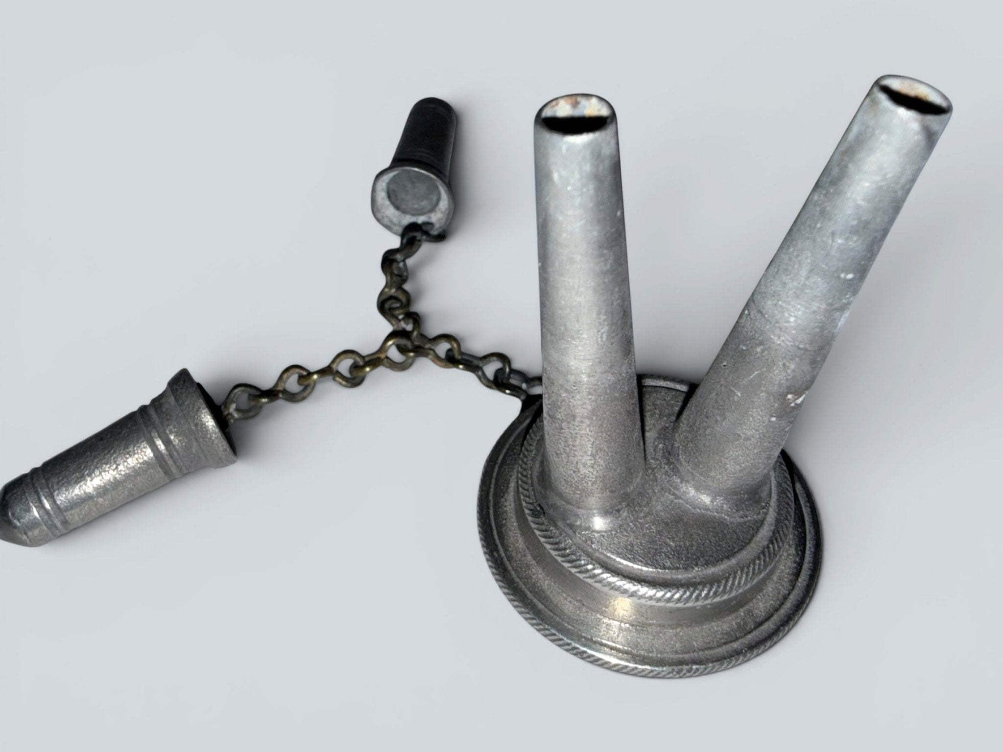 Pewter Cup and Saucer Fluid / Whale Oil Lamp w/ Double Tube Burner, Caps AntiqueAntiquesEtcetera