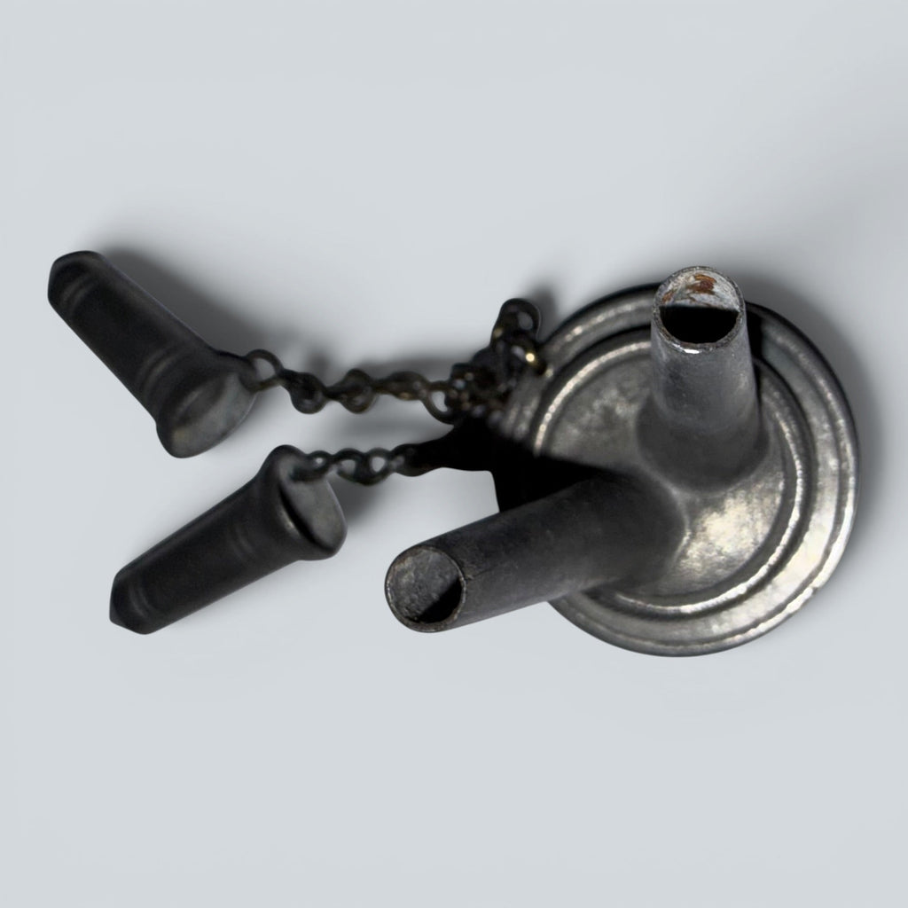 Pewter Cup and Saucer Fluid / Whale Oil Lamp w/ Double Tube Burner, Caps AntiqueAntiquesEtcetera