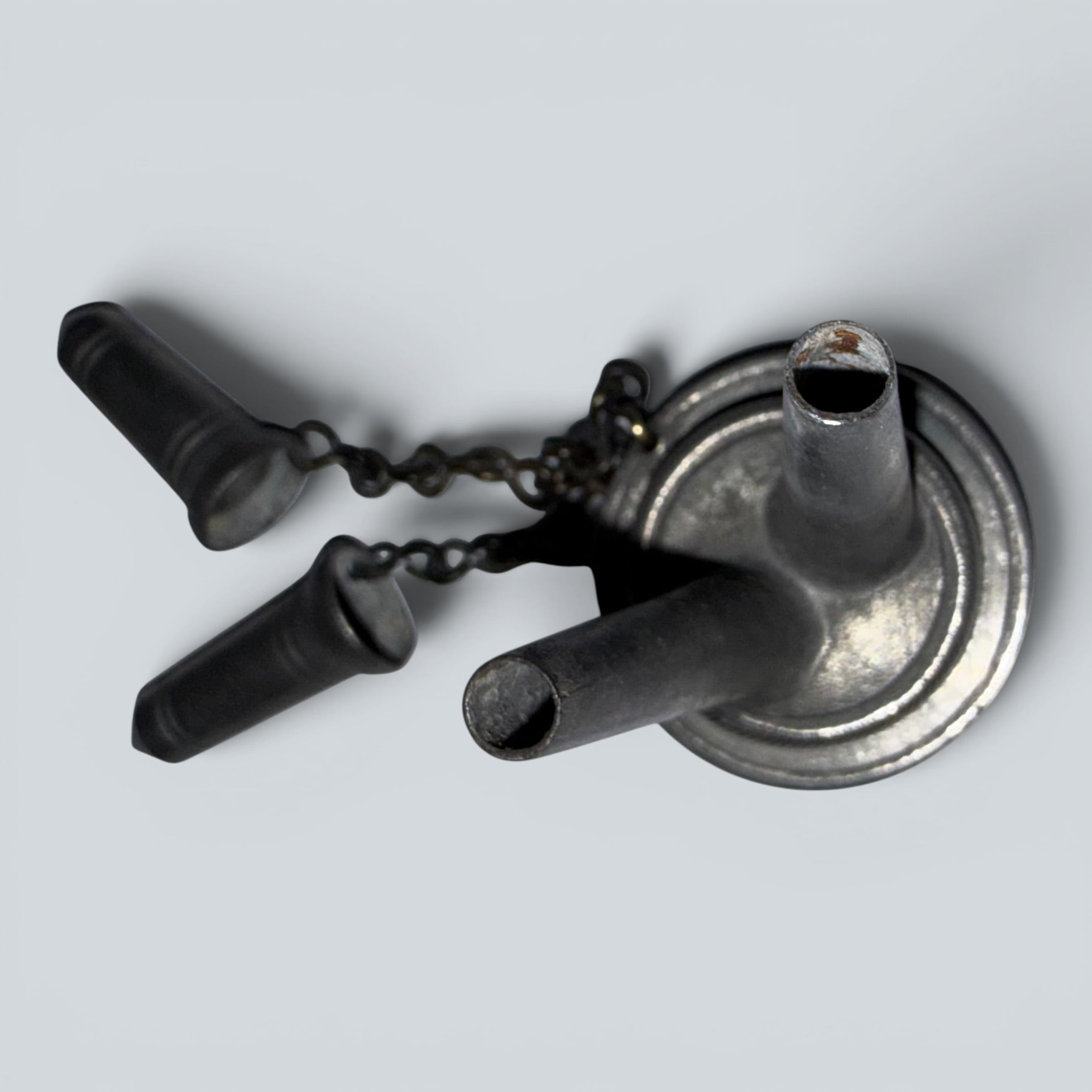 Pewter Cup and Saucer Fluid / Whale Oil Lamp w/ Double Tube Burner, Caps AntiqueAntiquesEtcetera