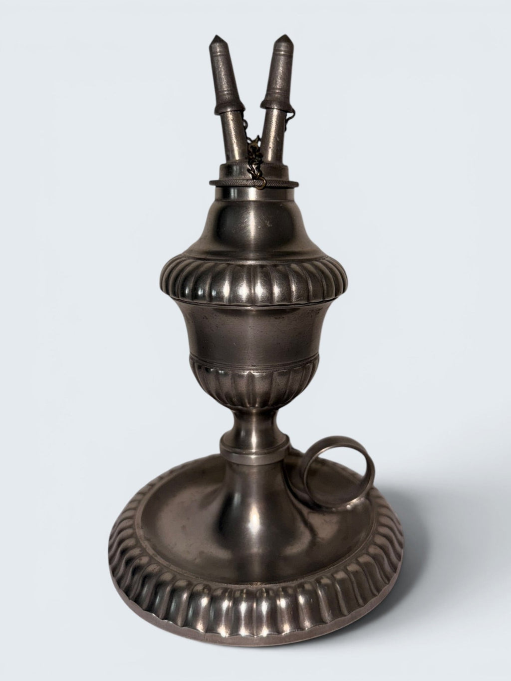 Pewter Cup and Saucer Fluid / Whale Oil Lamp w/ Double Tube Burner, Caps AntiqueAntiquesEtcetera