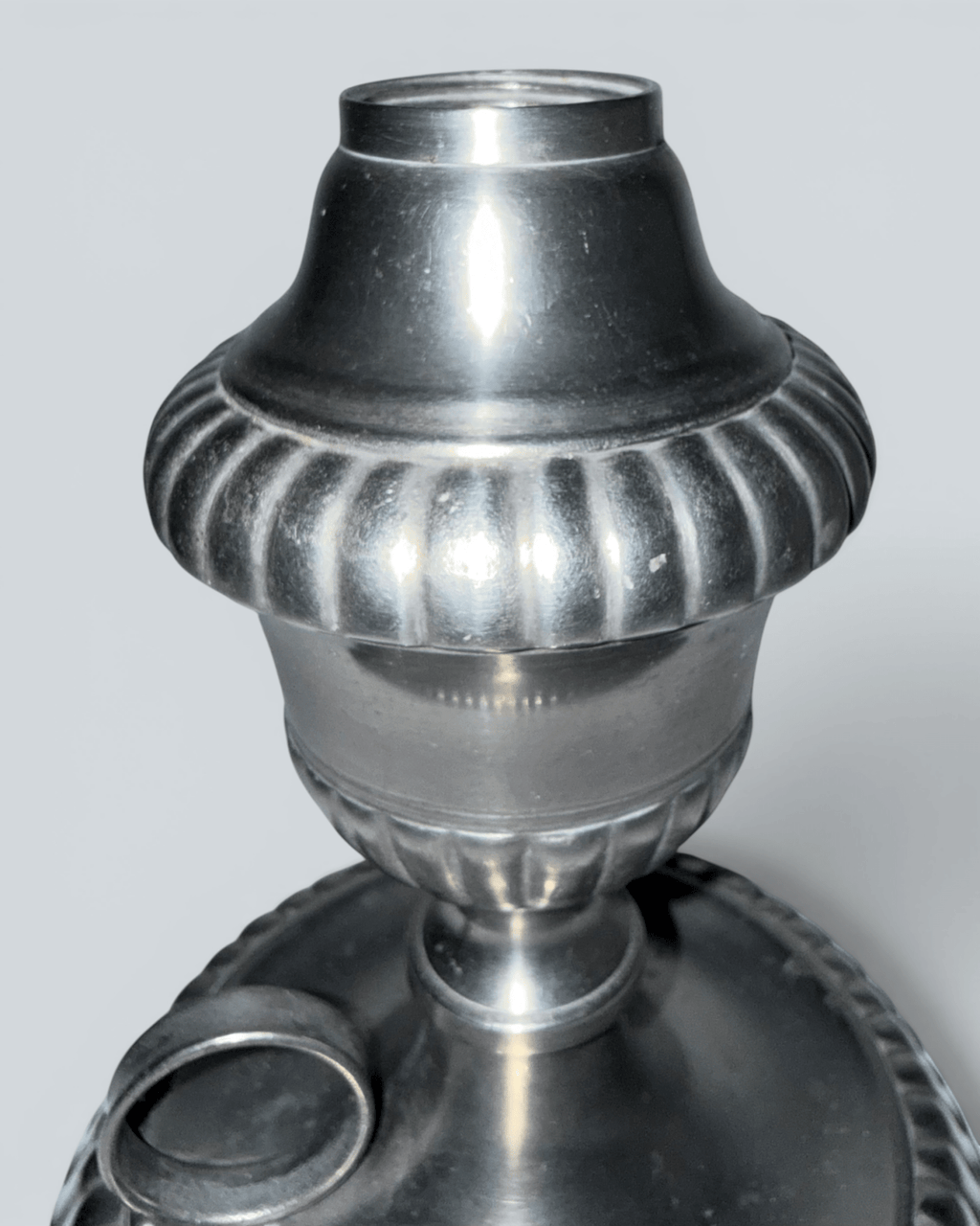 Pewter Cup and Saucer Fluid / Whale Oil Lamp w/ Double Tube Burner, Caps AntiqueAntiquesEtcetera