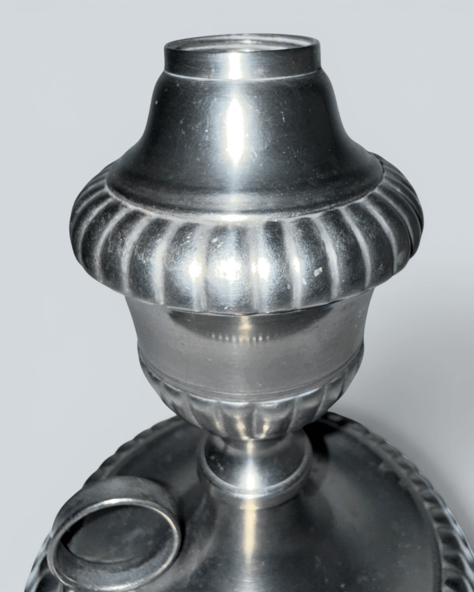 Pewter Cup and Saucer Fluid / Whale Oil Lamp w/ Double Tube Burner, Caps AntiqueAntiquesEtcetera
