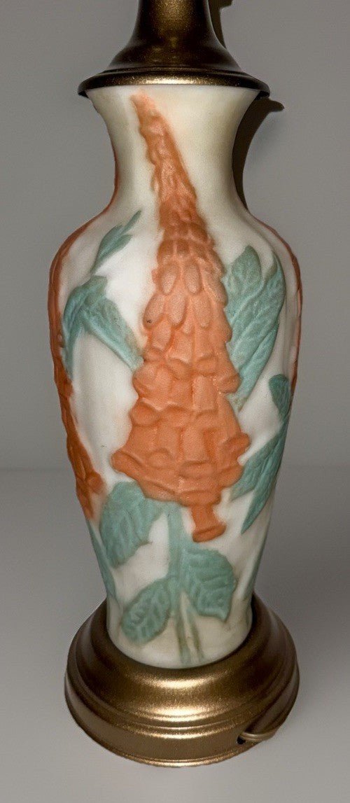 Phoenix Consolidated Glass Lamp Coral Foxglove 2681 w/ Harp "Martele" Art Glass - AntiquesEtceteraPhoenix Consolidated Glass Lamp Coral Foxglove 2681 w/ Harp "Martele" Art GlassPhoenix / Consolidated GlassAntiquesEtcetera