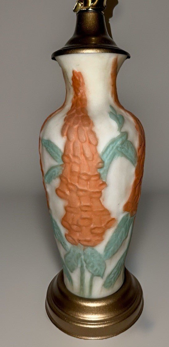 Phoenix Consolidated Glass Lamp Coral Foxglove 2681 w/ Harp "Martele" Art Glass - AntiquesEtceteraPhoenix Consolidated Glass Lamp Coral Foxglove 2681 w/ Harp "Martele" Art GlassPhoenix / Consolidated GlassAntiquesEtcetera