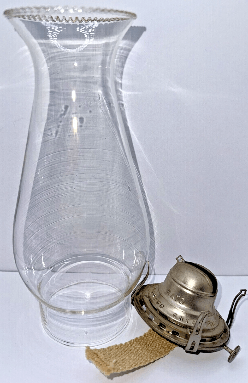 Rayo Queen Anne Kerosene Oil Lamp Burner No. 2 Size with Pie Crust Glass Chimney - AntiquesEtceteraRayo Queen Anne Kerosene Oil Lamp Burner No. 2 Size with Pie Crust Glass ChimneyScovill Mfg. Co. RayoAntiquesEtcetera