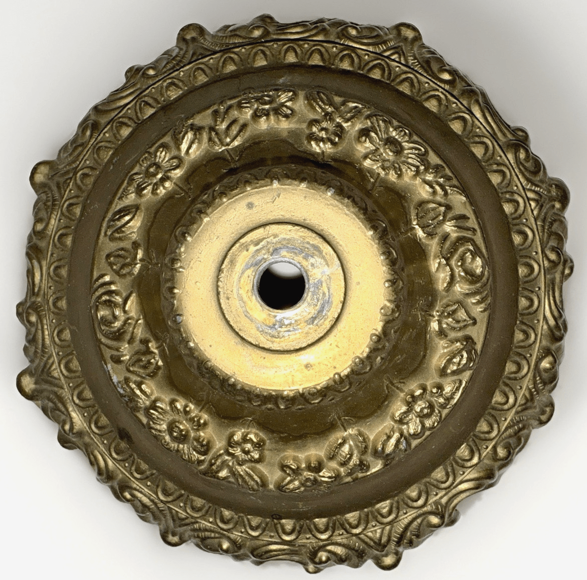 Reticulated Brass Plated Lamp Base Vintage Embossed Floral Roses 6 3/4" Diameter - AntiquesEtceteraReticulated Brass Plated Lamp Base Vintage Embossed Floral Roses 6 3/4" DiameterUnbrandedAntiquesEtcetera