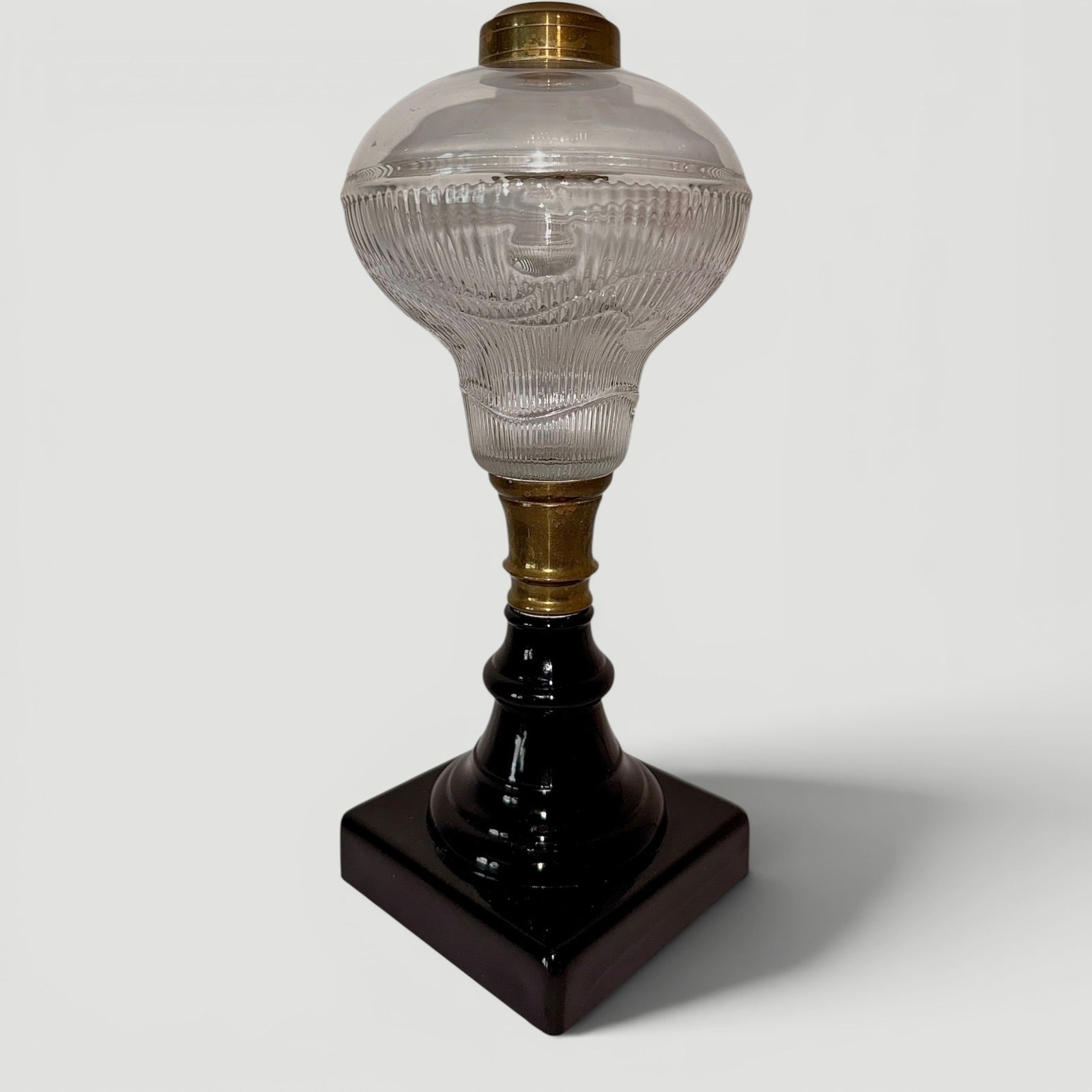 Ribbed Acorn Kerosene / Oil Stand Lamp with Opaque Onyx Black Glass BaseAntiquesEtcetera