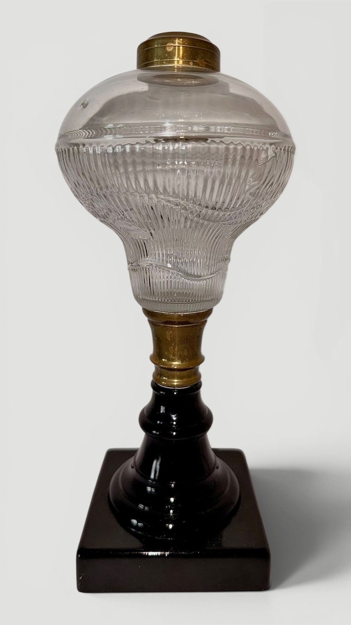 Ribbed Acorn Kerosene / Oil Stand Lamp with Opaque Onyx Black Glass BaseAntiquesEtcetera