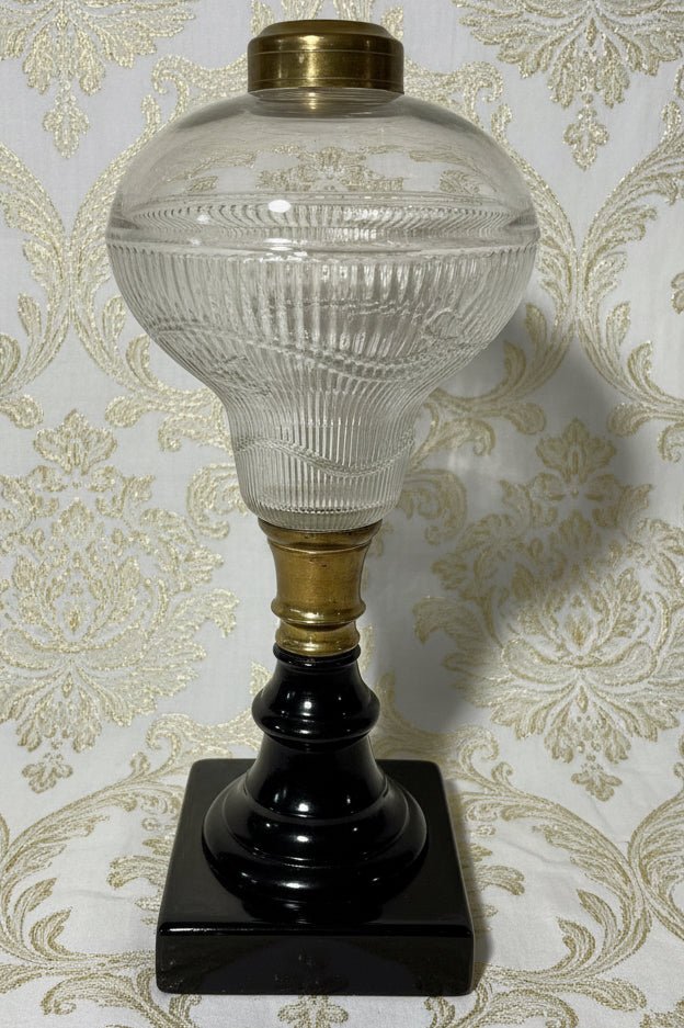 Ribbed Acorn Kerosene / Oil Stand Lamp with Opaque Onyx Black Glass BaseAntiquesEtcetera