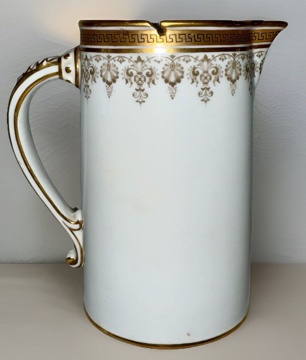 Royal Cauldon H8713 Porcelain Pitcher Greek Key Gold Gilt Rim 6 3/4" Tall - AntiquesEtceteraRoyal Cauldon H8713 Porcelain Pitcher Greek Key Gold Gilt Rim 6 3/4" TallRoyal CauldonAntiquesEtcetera