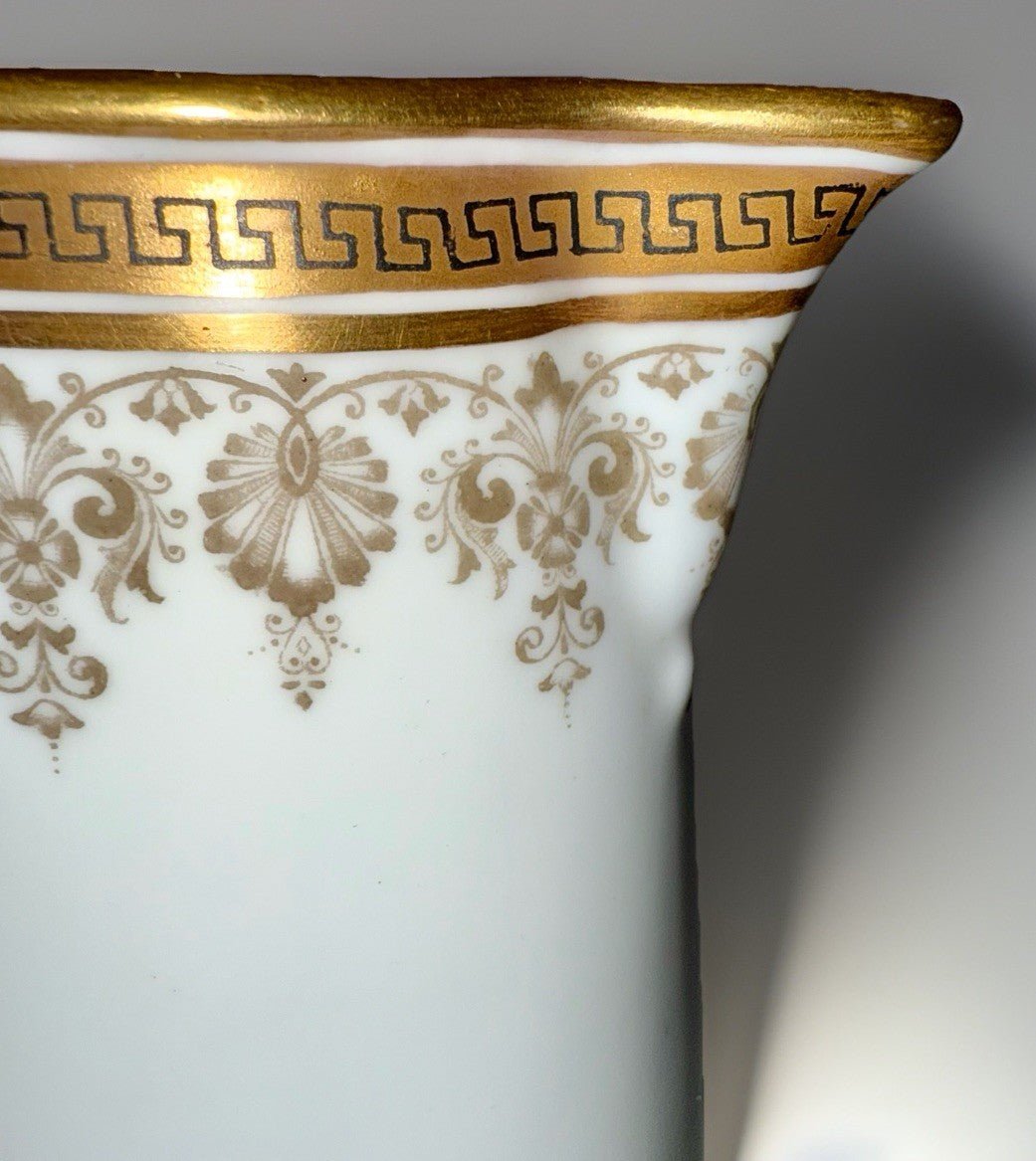 Royal Cauldon H8713 Porcelain Pitcher Greek Key Gold Gilt Rim 6 3/4" Tall - AntiquesEtceteraRoyal Cauldon H8713 Porcelain Pitcher Greek Key Gold Gilt Rim 6 3/4" TallRoyal CauldonAntiquesEtcetera