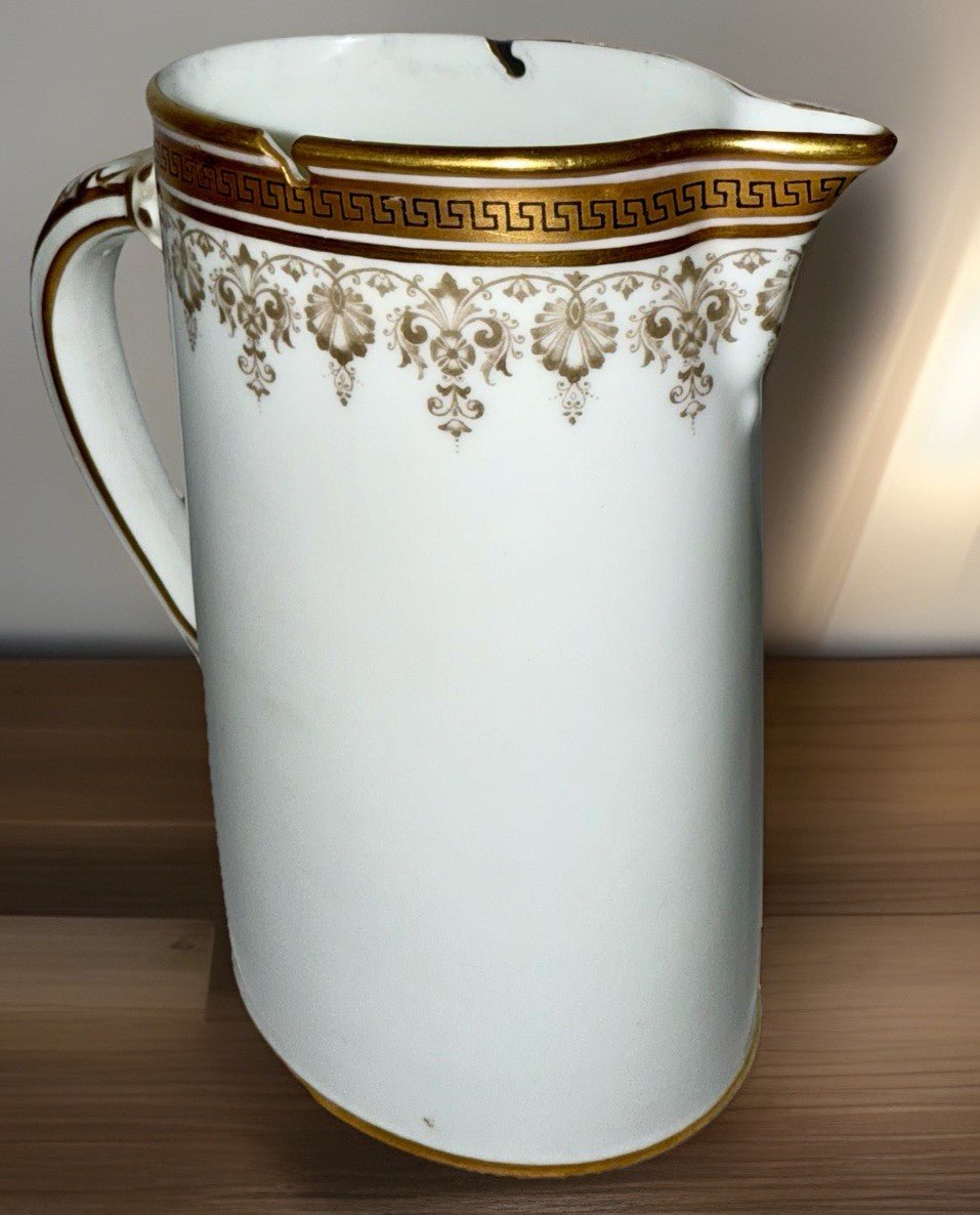 Royal Cauldon H8713 Porcelain Pitcher Greek Key Gold Gilt Rim 6 3/4" Tall - AntiquesEtceteraRoyal Cauldon H8713 Porcelain Pitcher Greek Key Gold Gilt Rim 6 3/4" TallRoyal CauldonAntiquesEtcetera