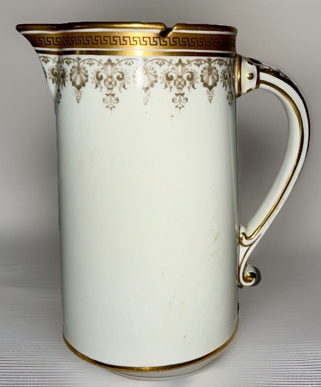 Royal Cauldon H8713 Porcelain Pitcher Greek Key Gold Gilt Rim 6 3/4" Tall - AntiquesEtceteraRoyal Cauldon H8713 Porcelain Pitcher Greek Key Gold Gilt Rim 6 3/4" TallRoyal CauldonAntiquesEtcetera