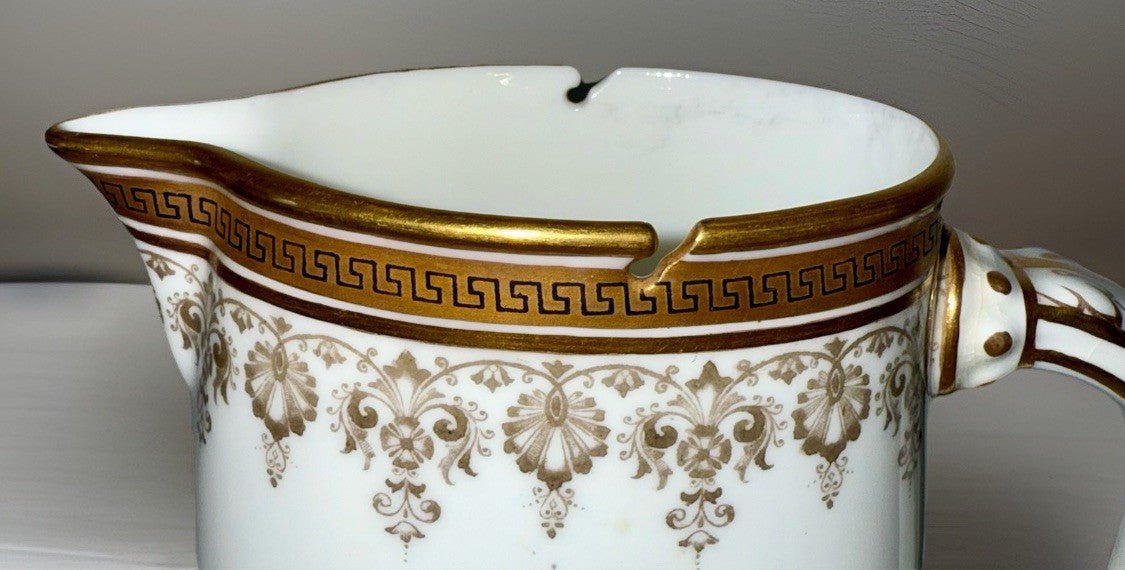 Royal Cauldon H8713 Porcelain Pitcher Greek Key Gold Gilt Rim 6 3/4" Tall - AntiquesEtceteraRoyal Cauldon H8713 Porcelain Pitcher Greek Key Gold Gilt Rim 6 3/4" TallRoyal CauldonAntiquesEtcetera