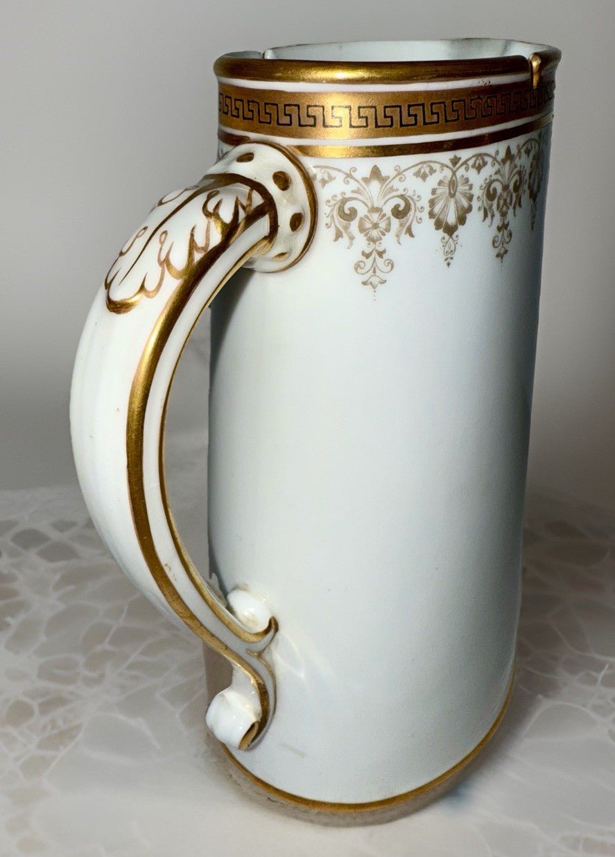 Royal Cauldon H8713 Porcelain Pitcher Greek Key Gold Gilt Rim 6 3/4" Tall - AntiquesEtceteraRoyal Cauldon H8713 Porcelain Pitcher Greek Key Gold Gilt Rim 6 3/4" TallRoyal CauldonAntiquesEtcetera