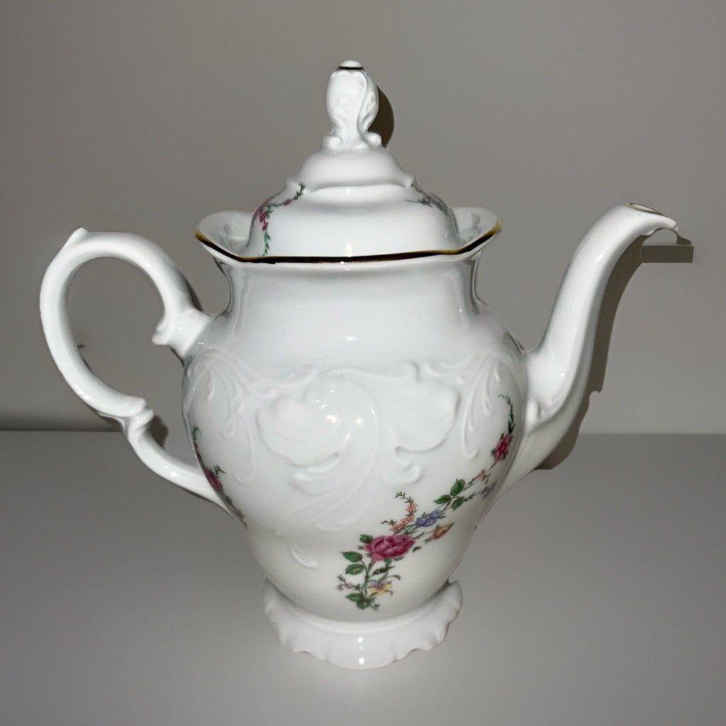 Royal Kent Coffee Pot with Lid Bavarian Moss Rose Gold Trim & Embossed Rim RKT8 - AntiquesEtceteraRoyal Kent Coffee Pot with Lid Bavarian Moss Rose Gold Trim & Embossed Rim RKT8Royal KentAntiquesEtcetera