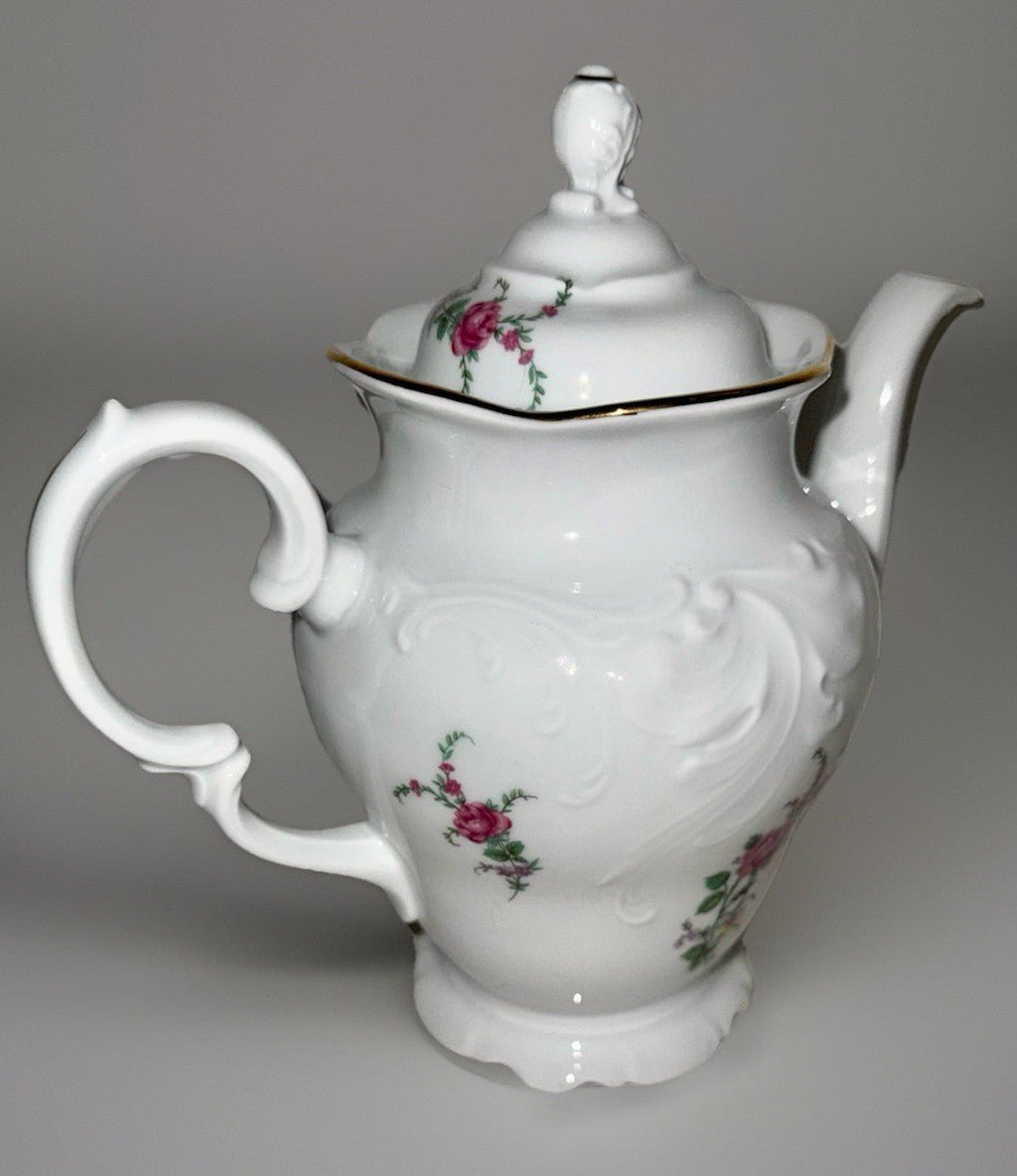 Royal Kent Coffee Pot with Lid Bavarian Moss Rose Gold Trim & Embossed Rim RKT8 - AntiquesEtceteraRoyal Kent Coffee Pot with Lid Bavarian Moss Rose Gold Trim & Embossed Rim RKT8Royal KentAntiquesEtcetera