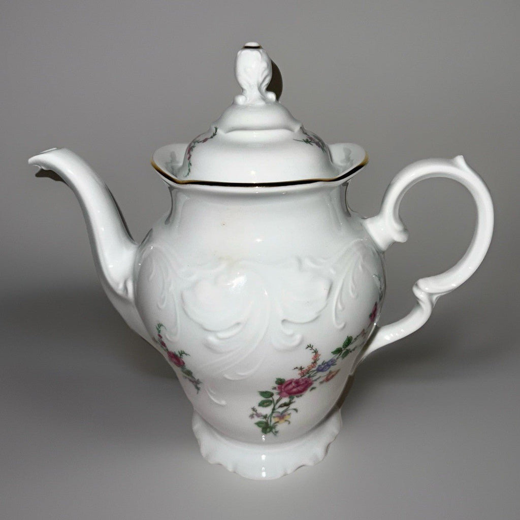 Royal Kent Coffee Pot with Lid Bavarian Moss Rose Gold Trim & Embossed Rim RKT8 - AntiquesEtceteraRoyal Kent Coffee Pot with Lid Bavarian Moss Rose Gold Trim & Embossed Rim RKT8Royal KentAntiquesEtcetera