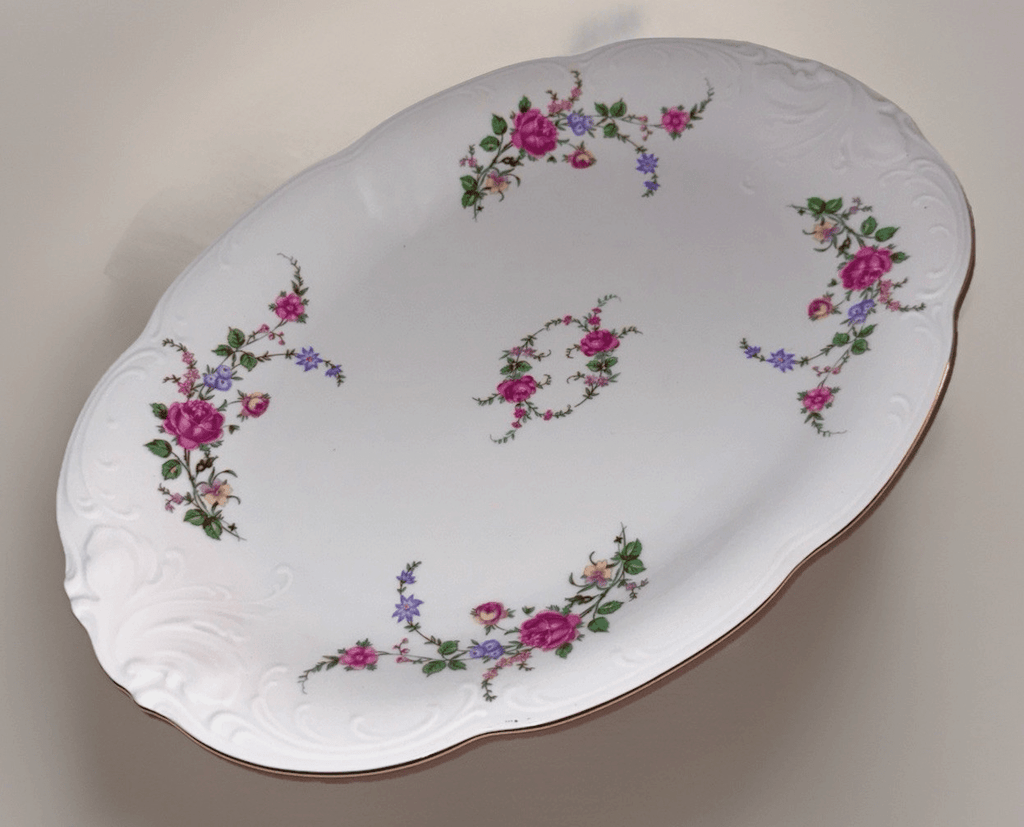 Royal Kent Oval Serving Platter Bavarian Moss Rose 13x9 Gold & Embossed Rim RKT8 - AntiquesEtceteraRoyal Kent Oval Serving Platter Bavarian Moss Rose 13x9 Gold & Embossed Rim RKT8Royal KentAntiquesEtcetera