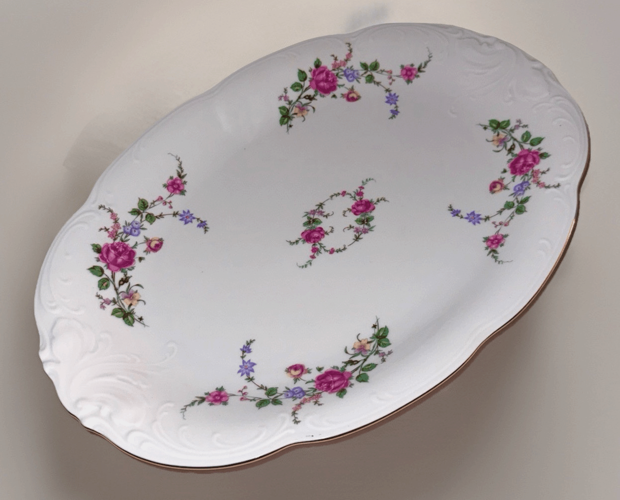 Royal Kent Oval Serving Platter Bavarian Moss Rose 13x9 Gold & Embossed Rim RKT8 - AntiquesEtceteraRoyal Kent Oval Serving Platter Bavarian Moss Rose 13x9 Gold & Embossed Rim RKT8Royal KentAntiquesEtcetera