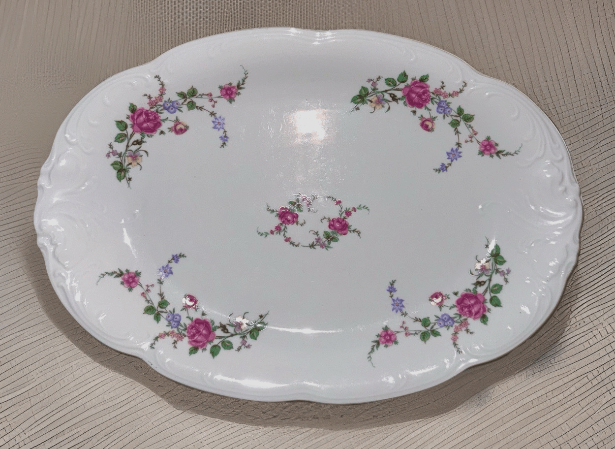 Royal Kent Oval Serving Platter Bavarian Moss Rose 13x9 Gold & Embossed Rim RKT8 - AntiquesEtceteraRoyal Kent Oval Serving Platter Bavarian Moss Rose 13x9 Gold & Embossed Rim RKT8Royal KentAntiquesEtcetera