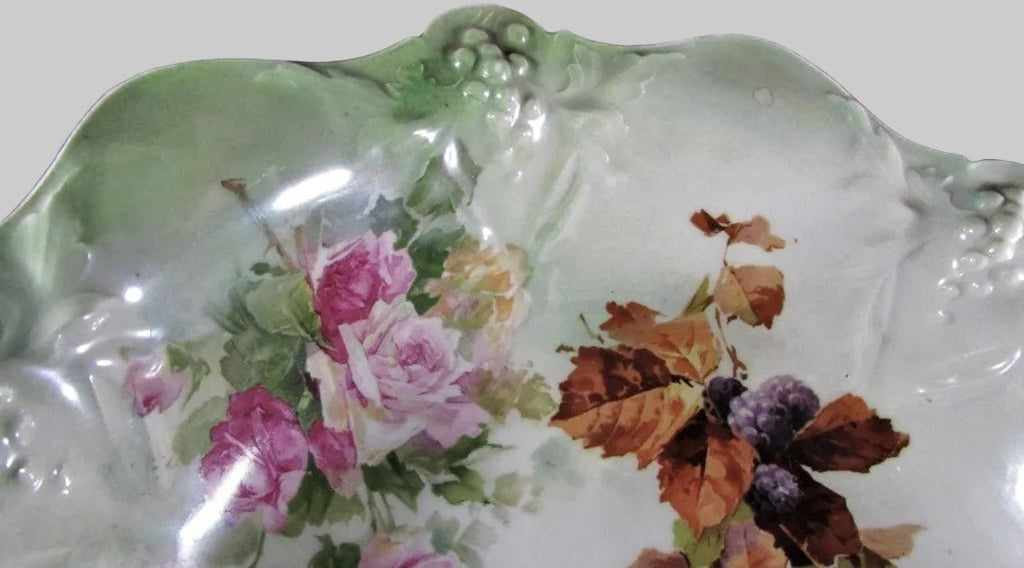 RS Germany Serving Bowl Old Mark 11" Rose Grape Cluster Motif in Relief AntiqueAntiquesEtcetera