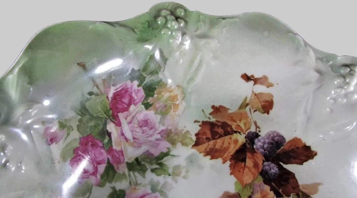 RS Germany Serving Bowl Old Mark 11" Rose Grape Cluster Motif in Relief AntiqueAntiquesEtcetera