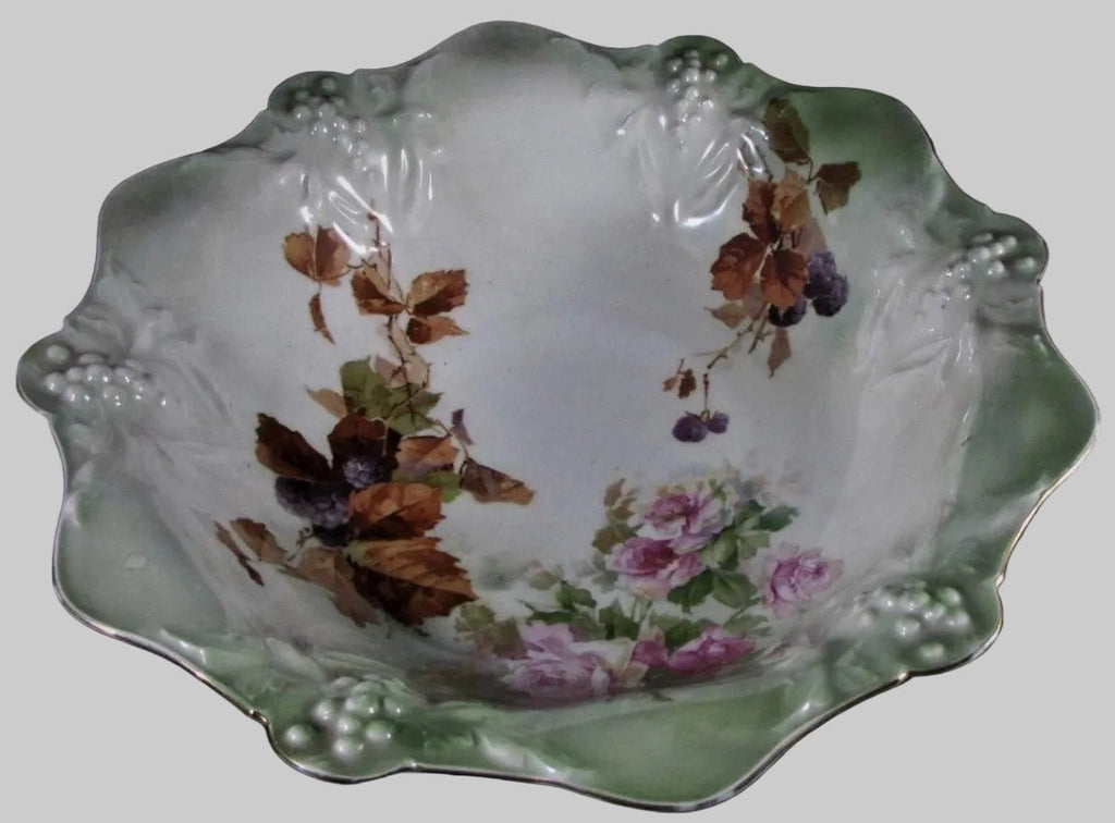 RS Germany Serving Bowl Old Mark 11" Rose Grape Cluster Motif in Relief AntiqueAntiquesEtcetera