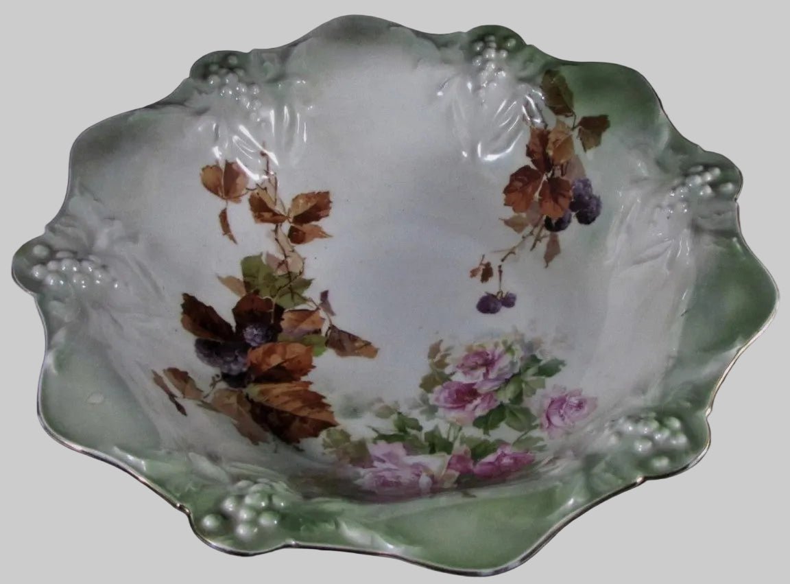 RS Germany Serving Bowl Old Mark 11" Rose Grape Cluster Motif in Relief AntiqueAntiquesEtcetera