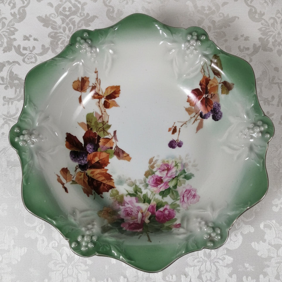RS Germany Serving Bowl Old Mark 11" Rose Grape Cluster Motif in Relief AntiqueAntiquesEtcetera