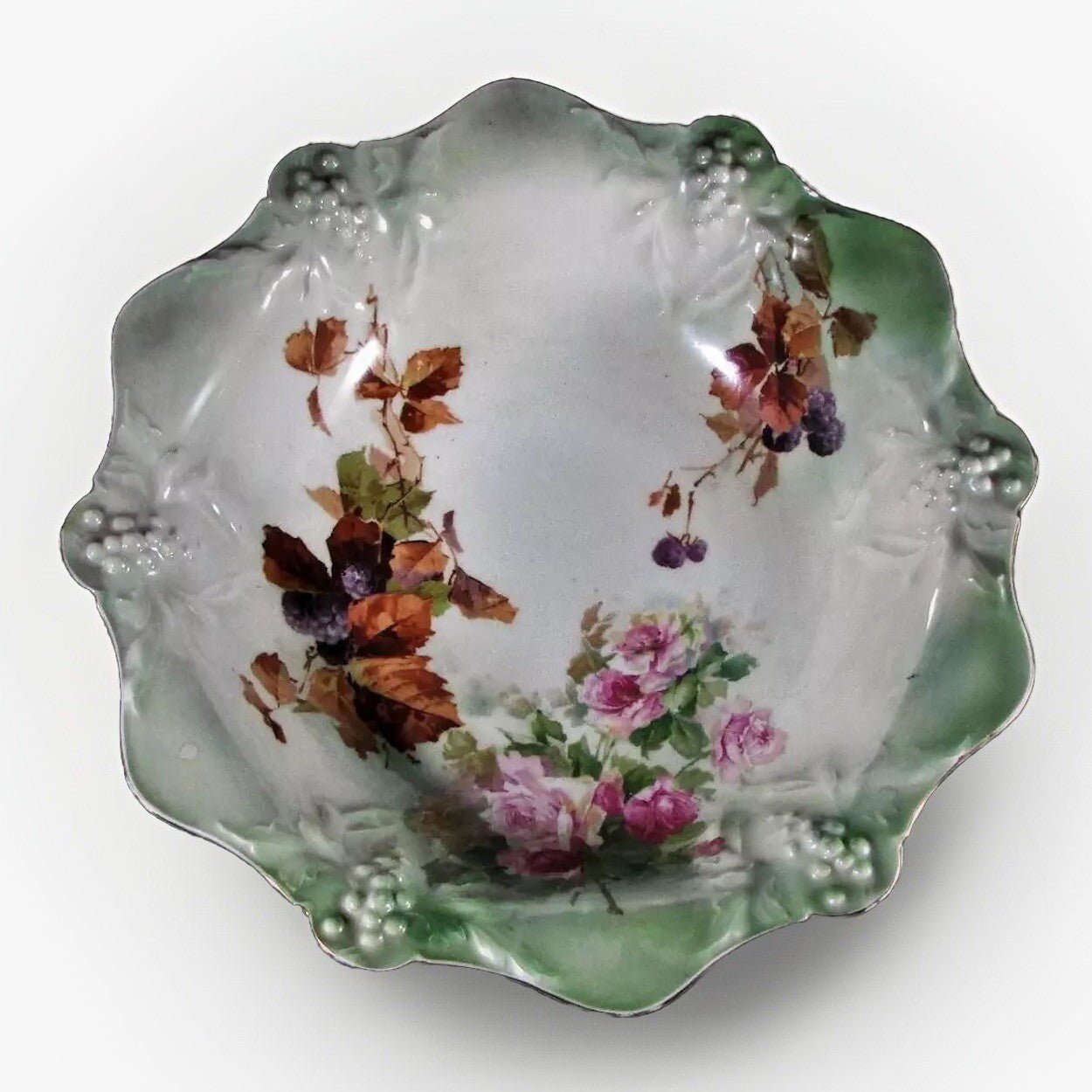 RS Germany Serving Bowl Old Mark 11" Rose Grape Cluster Motif in Relief Antique - AntiquesEtceteraRS Germany Serving Bowl Old Mark 11" Rose Grape Cluster Motif in Relief AntiqueRS GermanyAntiquesEtcetera