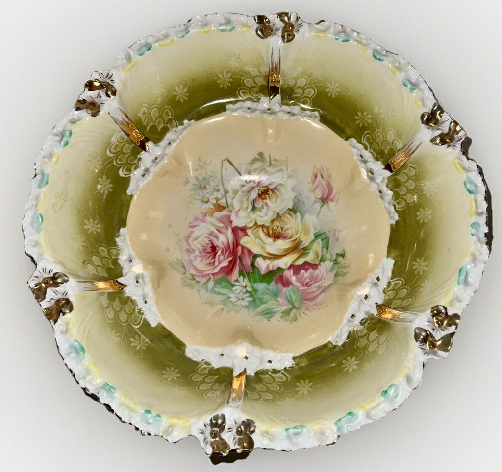 RS Prussia Serving Bowl Lush Pink & Yellow Roses Stepped Form 10 3/4" Mold 201 - AntiquesEtceteraRS Prussia Serving Bowl Lush Pink & Yellow Roses Stepped Form 10 3/4" Mold 201RS PrussiaAntiquesEtcetera