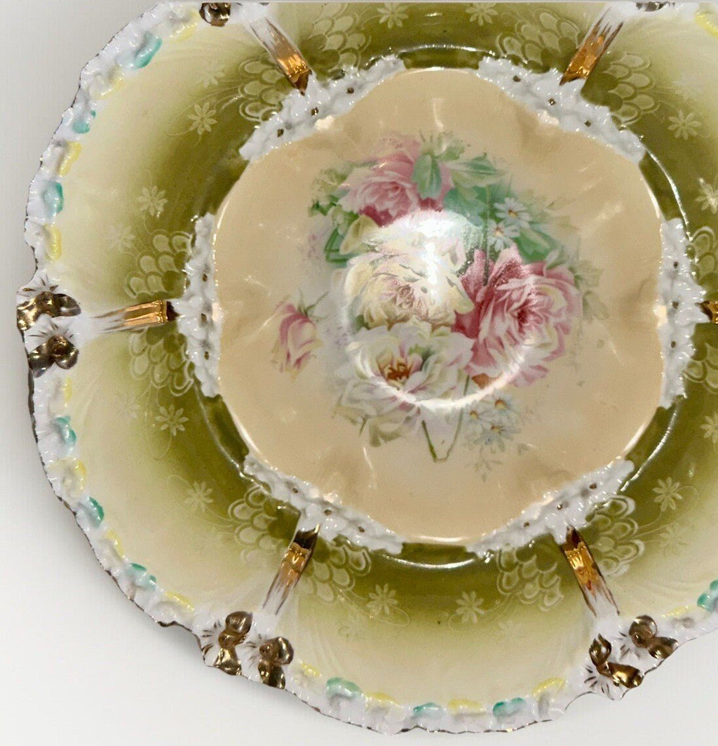 RS Prussia Serving Bowl Lush Pink & Yellow Roses Stepped Form 10 3/4" Mold 201 - AntiquesEtceteraRS Prussia Serving Bowl Lush Pink & Yellow Roses Stepped Form 10 3/4" Mold 201RS PrussiaAntiquesEtcetera