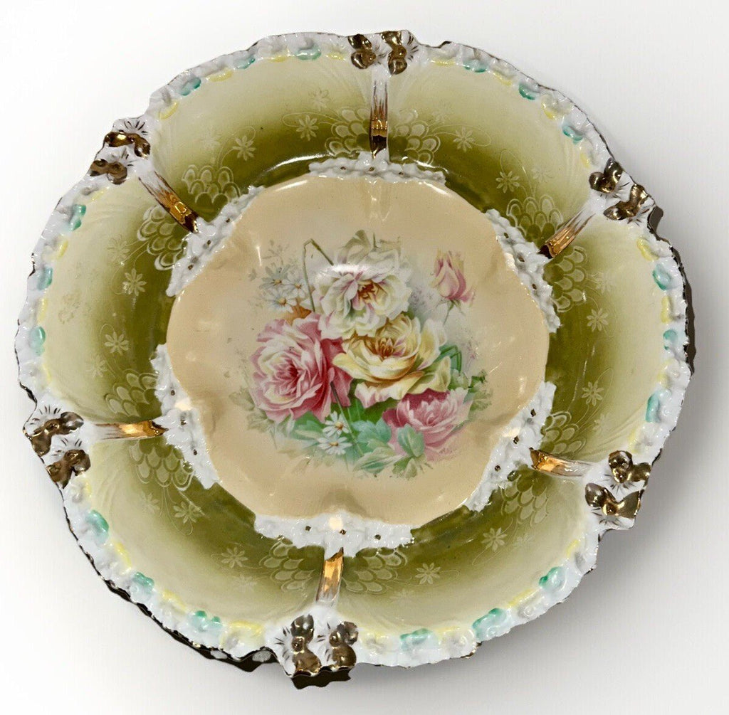 RS Prussia Serving Bowl Lush Pink & Yellow Roses Stepped Form 10 3/4" Mold 201 - AntiquesEtceteraRS Prussia Serving Bowl Lush Pink & Yellow Roses Stepped Form 10 3/4" Mold 201RS PrussiaAntiquesEtcetera