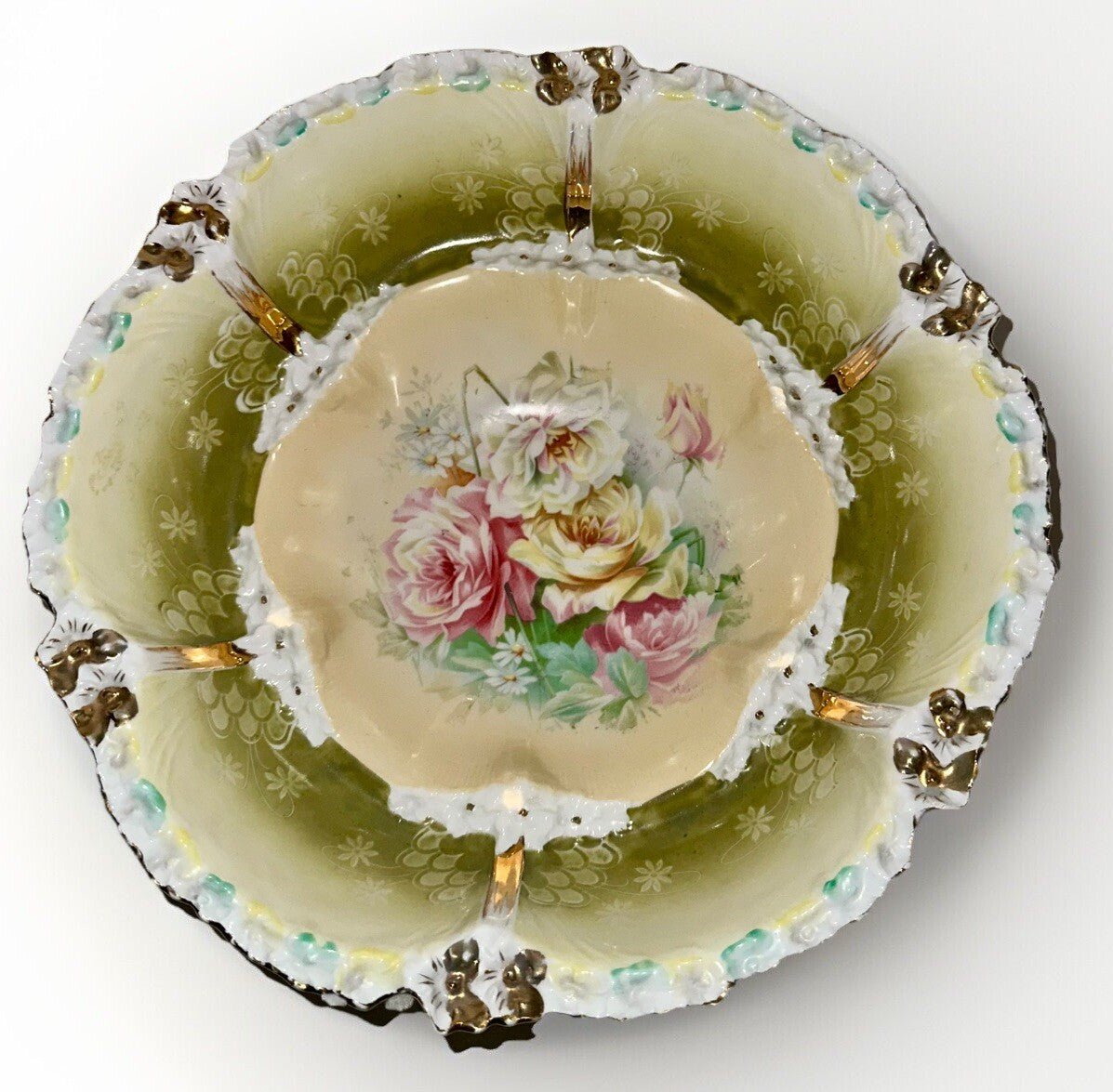 RS Prussia Serving Bowl Lush Pink & Yellow Roses Stepped Form 10 3/4" Mold 201 - AntiquesEtceteraRS Prussia Serving Bowl Lush Pink & Yellow Roses Stepped Form 10 3/4" Mold 201RS PrussiaAntiquesEtcetera