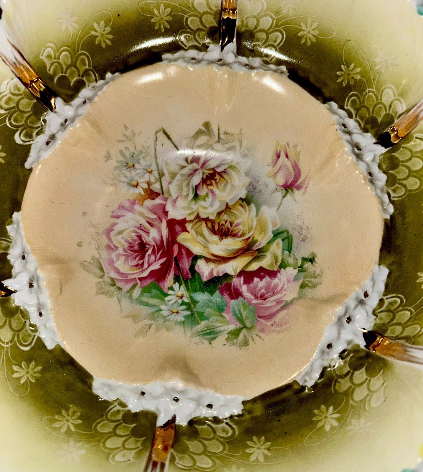 RS Prussia Serving Bowl Lush Pink & Yellow Roses Stepped Form 10 3/4" Mold 201 - AntiquesEtceteraRS Prussia Serving Bowl Lush Pink & Yellow Roses Stepped Form 10 3/4" Mold 201RS PrussiaAntiquesEtcetera